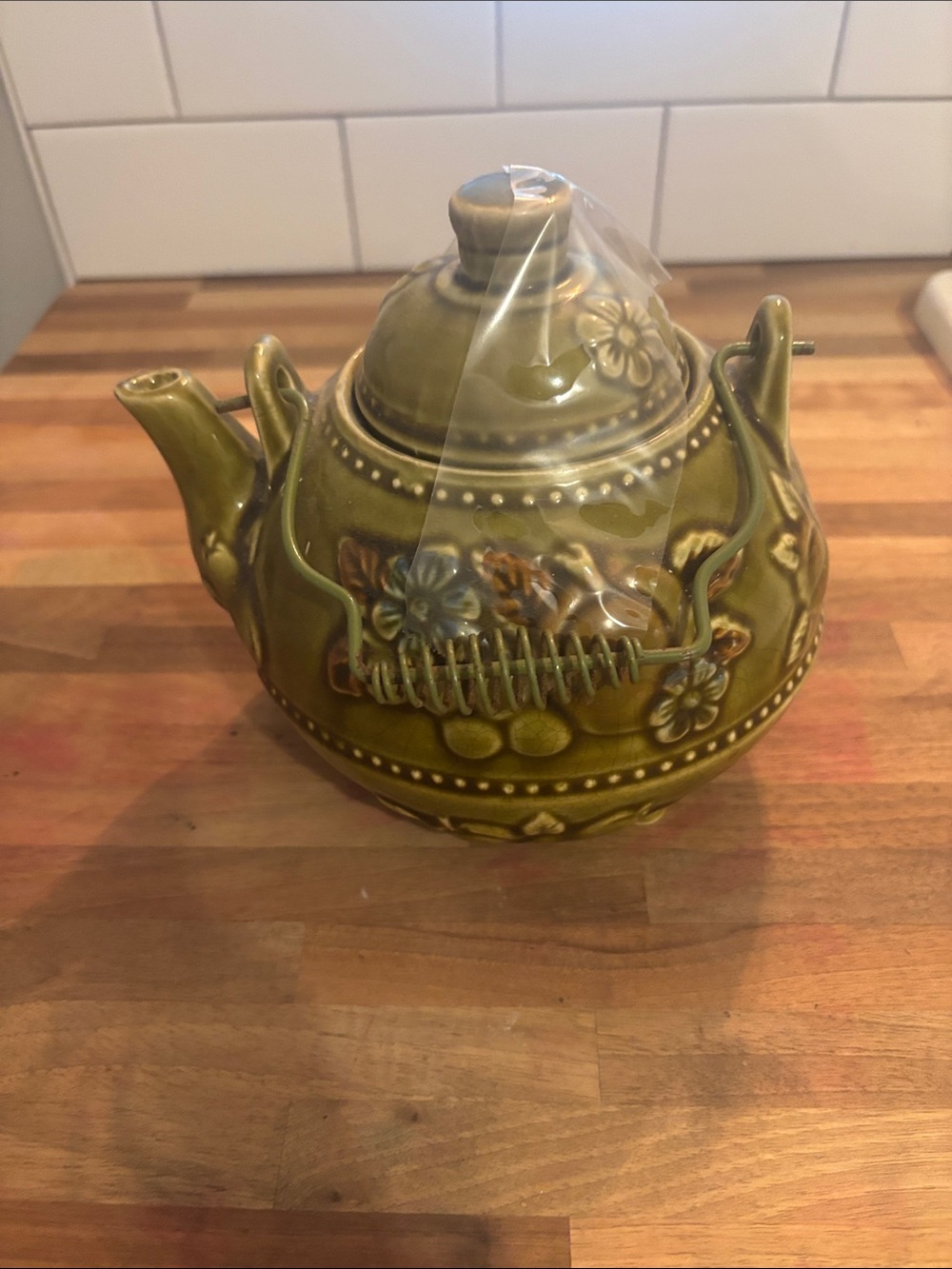 Vintage Floral Ceramic Teapot - Olive Green